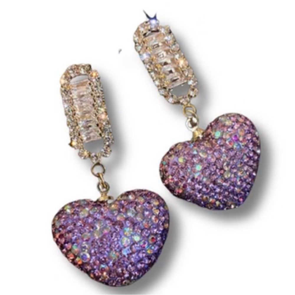 Purple Heart Rhinestone Drop Earrings - Picture 3 of 12